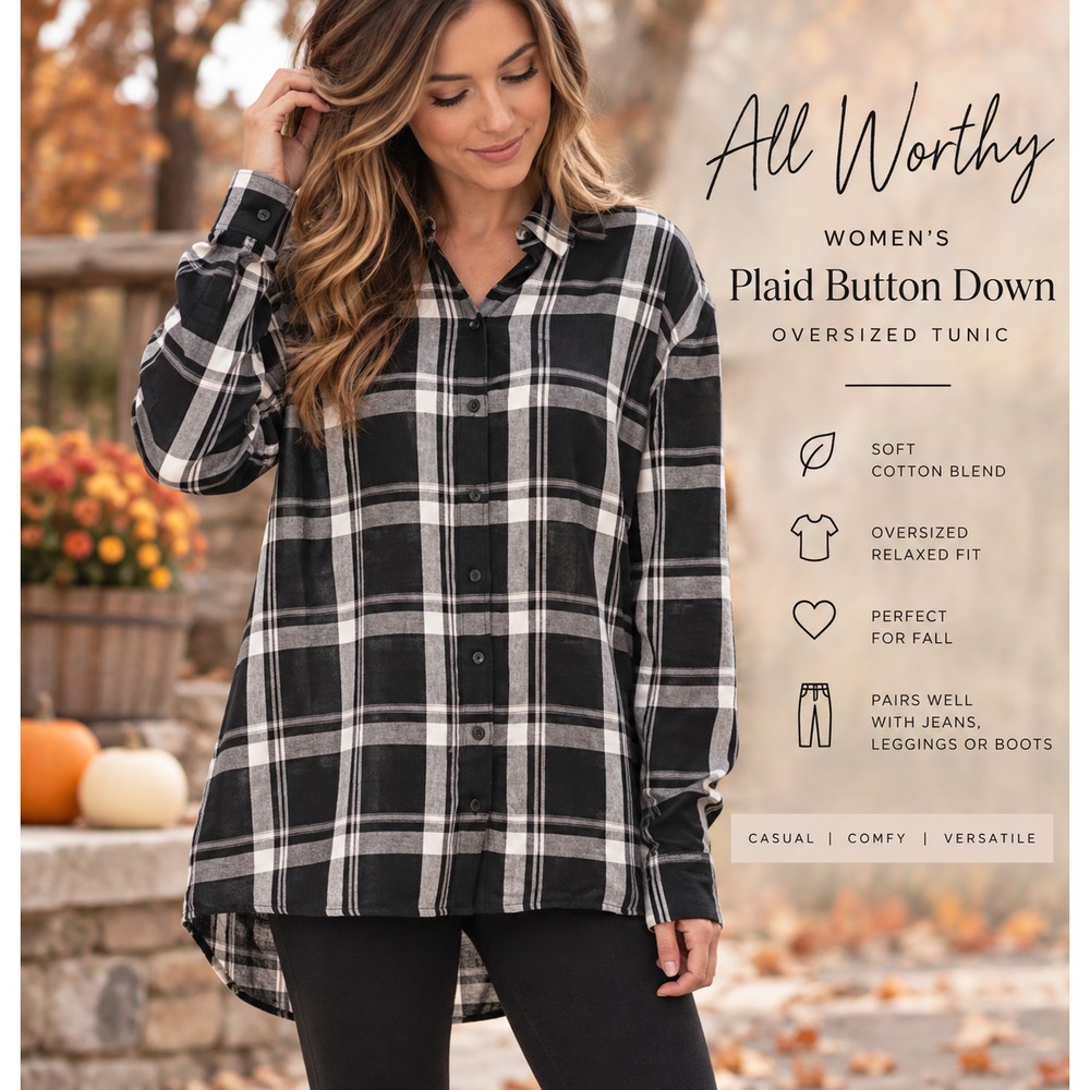 All Worthy Womens Plaid Shirt Oversized Button Down Cotton Blend Tunic Fall